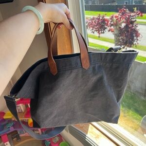 Madewell Blue Canvas Transport Carryall Tote Bag with Brown Leather Handles